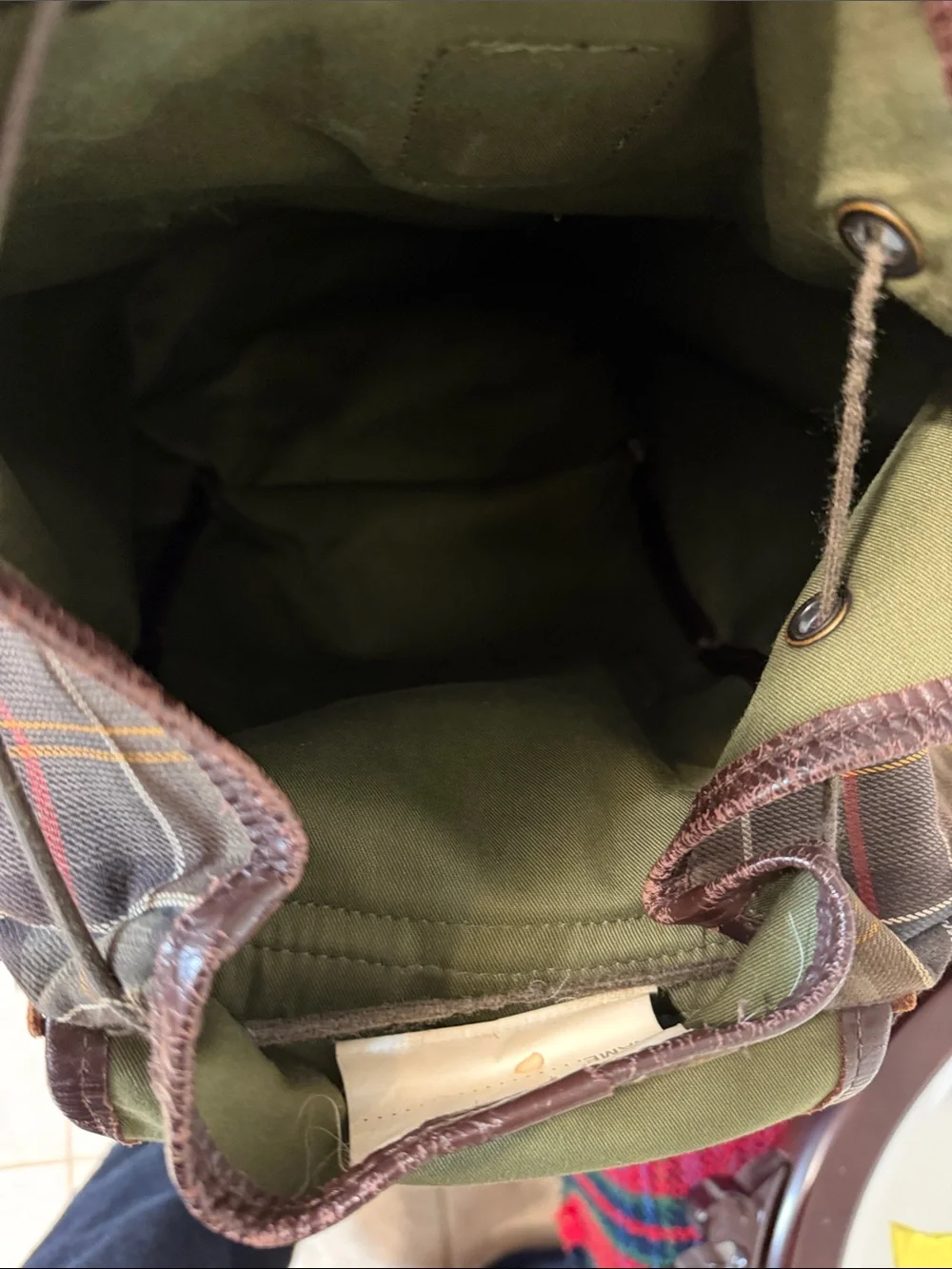 Barbour Brown Tartan Plaid Canvas Backpack with Leather Trim - Picture 12 of 12